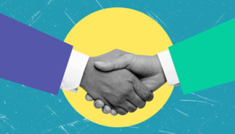 A handshake of businessmen. Modern design with a positive context.