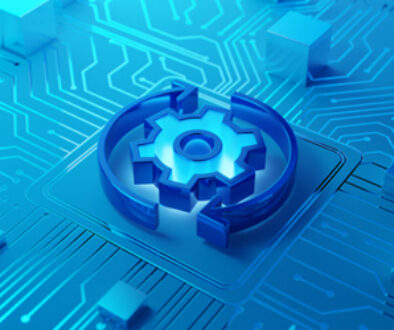 Blue Technology Gear with Round Arrows on a Circuit Board Representing Automation and Engineering