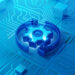 Blue Technology Gear with Round Arrows on a Circuit Board Representing Automation and Engineering