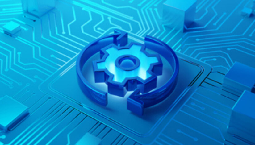 Blue Technology Gear with Round Arrows on a Circuit Board Representing Automation and Engineering